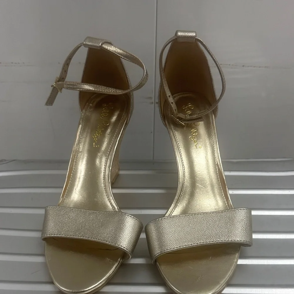Lilly Pulitzer Gold Espadrille Ankle-Strap Block Heels